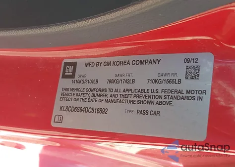 2013 Chevrolet Spark 1Lt Auto from USA, damaged, VIN KL8CD6S94DC516892